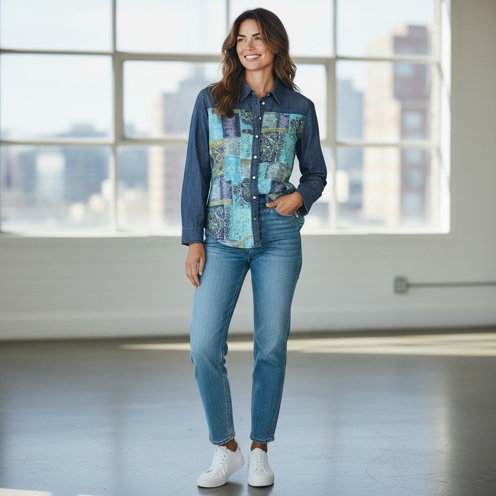 Artisan Blue and Green Patchwork Snap Button Down… - image 1